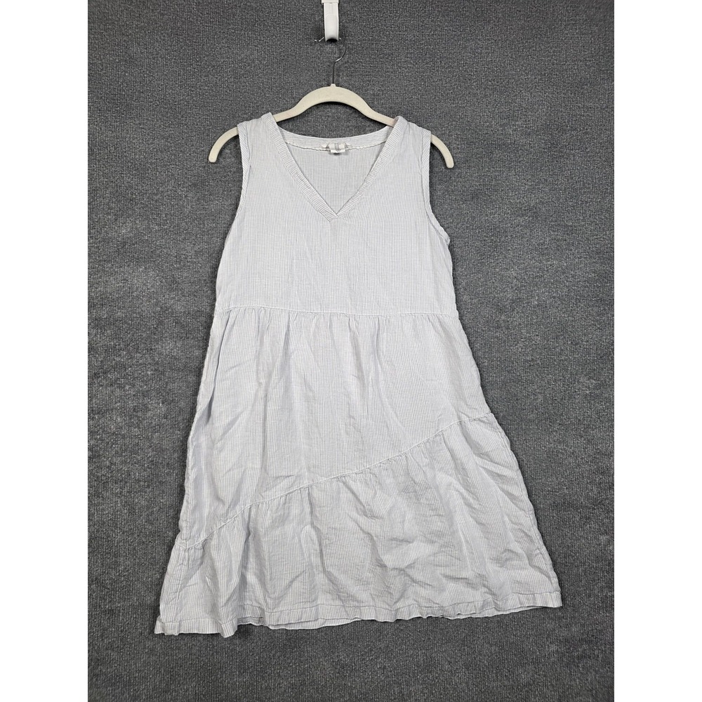 Lucky Brand Dress Womens XS Blue Stripe Linen V Neck Ruffle Swing Short Sundress